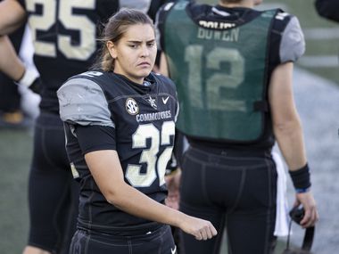 FILE - In this Dec. 12, 2020, file photo,Vanderbilt kicker Sarah Fuller walks along the sideline during the first half of an NCAA college football game against Tennessee in Nashville, Tenn.