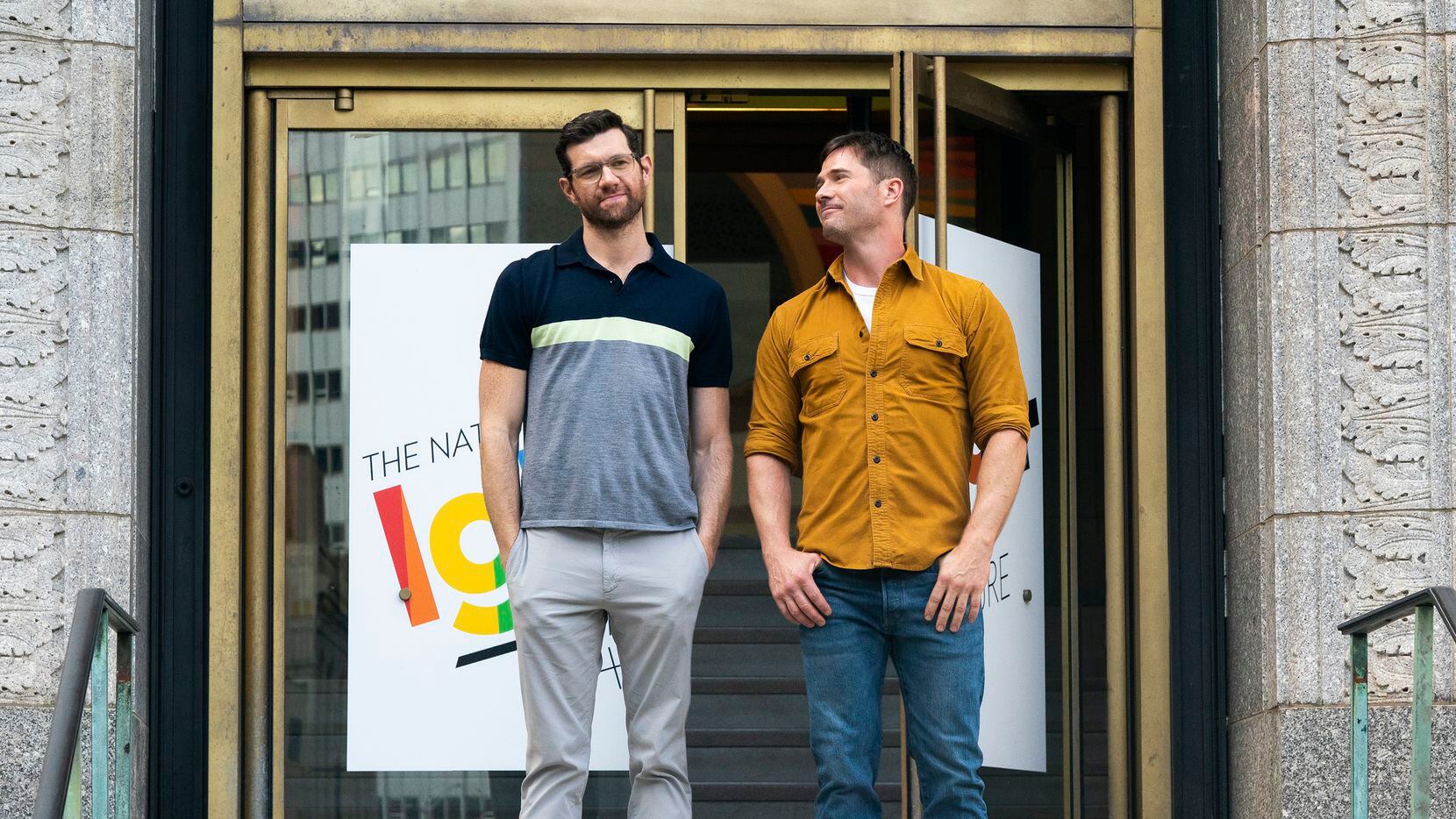Billy Eichner (left) and Luke Macfarlane star in "Bros," the first gay rom-com from a major...