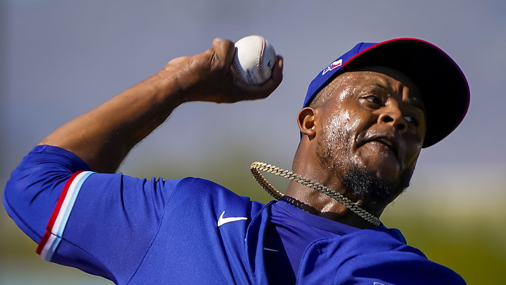 Texas Rangers pitcher Edinson Volquez throws live batting practice during a spring training workout at the team's training facility on Wednesday, Feb. 19, 2020, in Surprise, Ariz.