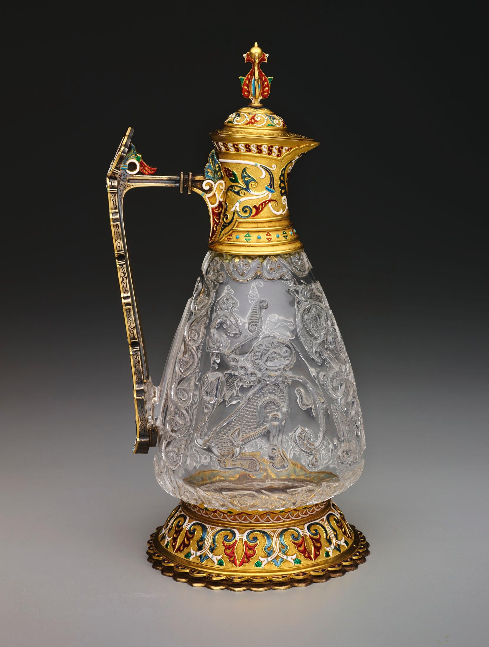 Ewer, late 10th-early 11th century, rock crystal, with enameled gold repairs and fittings by...