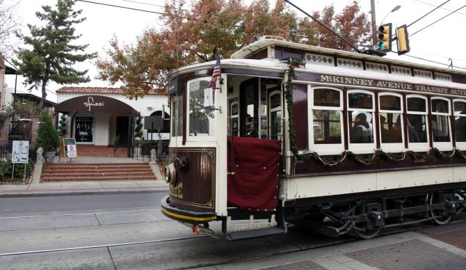 The McKinney Avenue Transit Authority’s restored vintage trolleys traverse the Uptown neighborhood year round.
