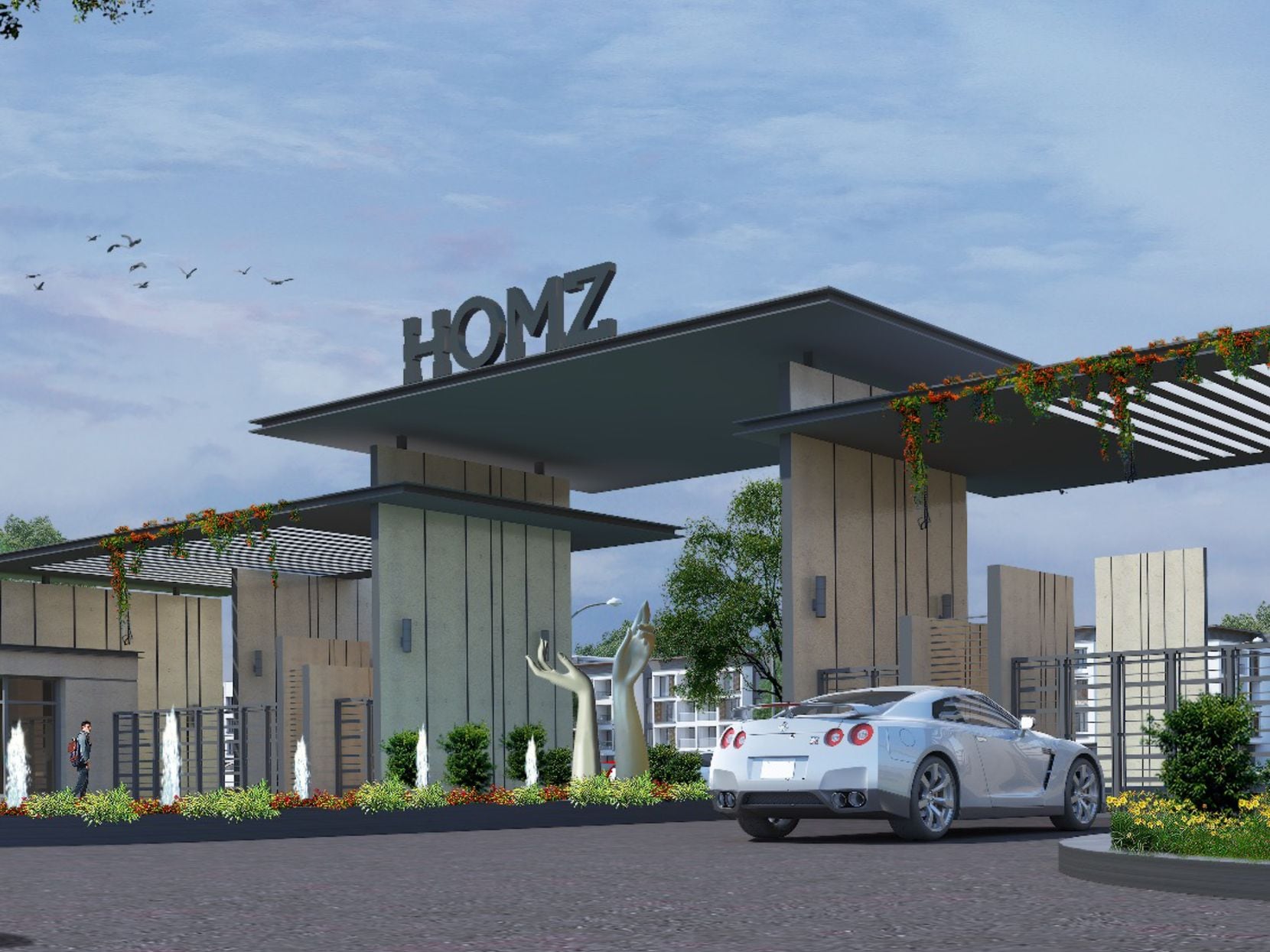 An artist's rendering of an entrance to a Homz community.