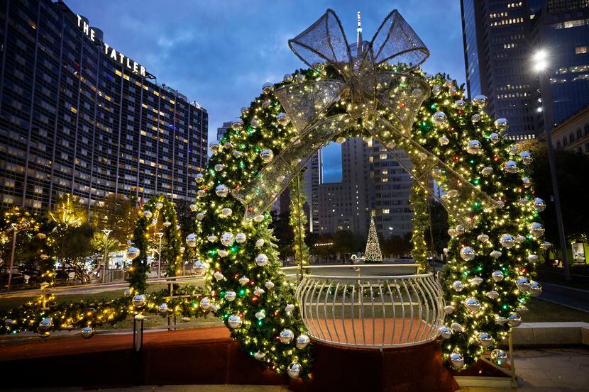 The giant wreath display at Main Street Garden adds holiday cheer to downtown Dallas.