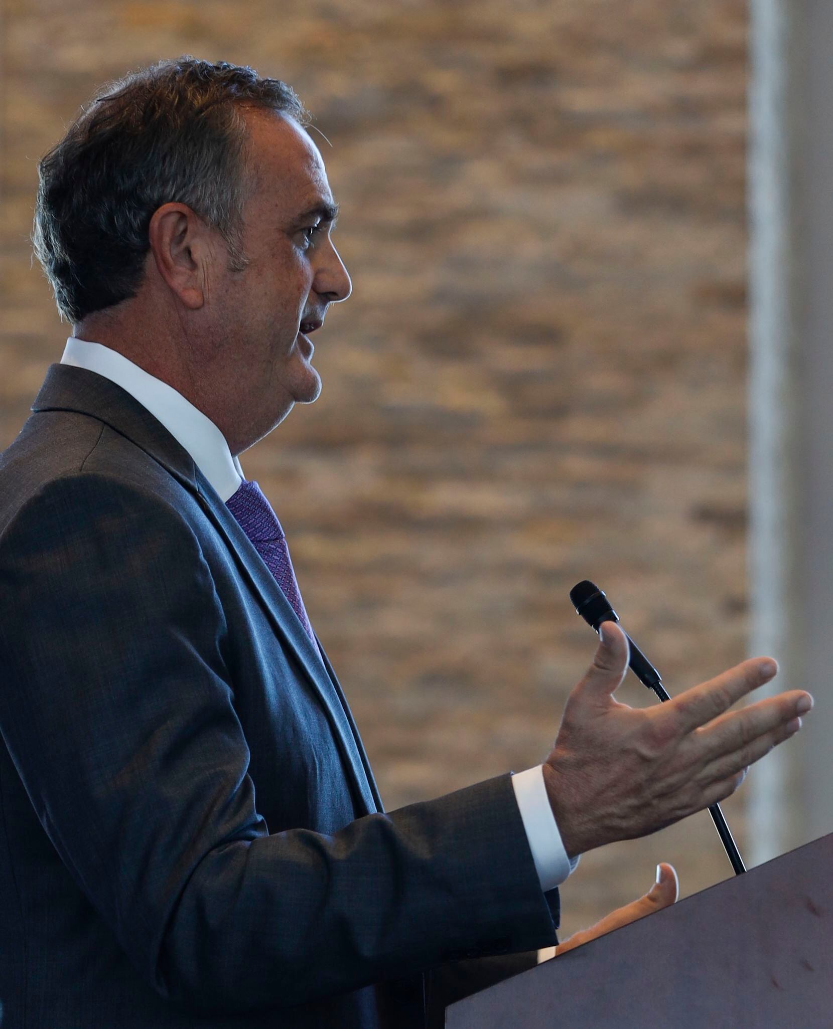 Texas Christian University's head football coach, Sonny Dykes, speaks at a news conference for the first time at Amon G. Carter Stadium in Fort Worth on Tuesday, Nov. 30, 2021. Dykes was formerly introduced as the new head coach of Texas Christian University's football team during the news conference.(Rebecca Slezak/The Dallas Morning News)