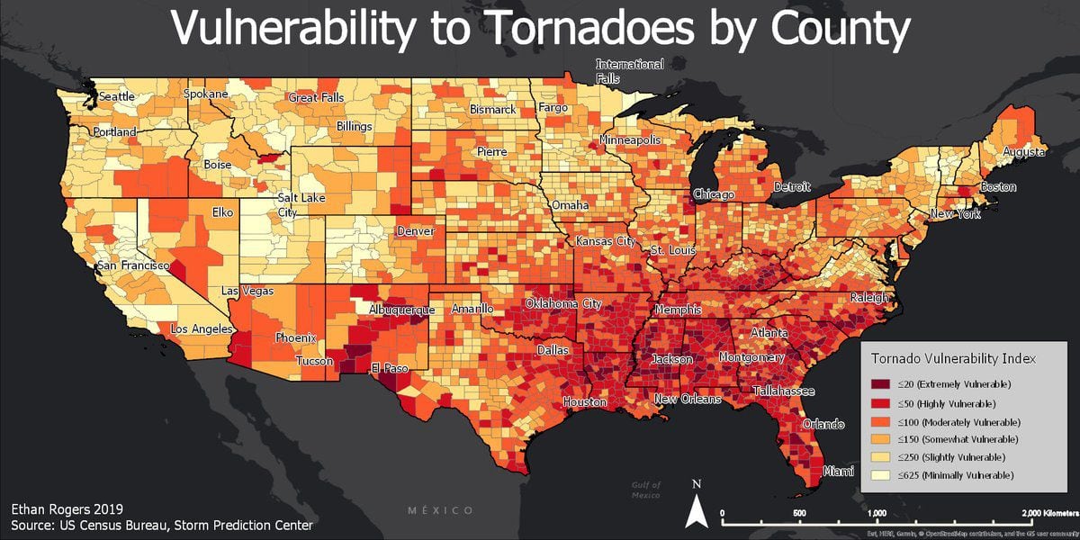 Which counties in North Texas are most vulnerable to tornadoes? This
