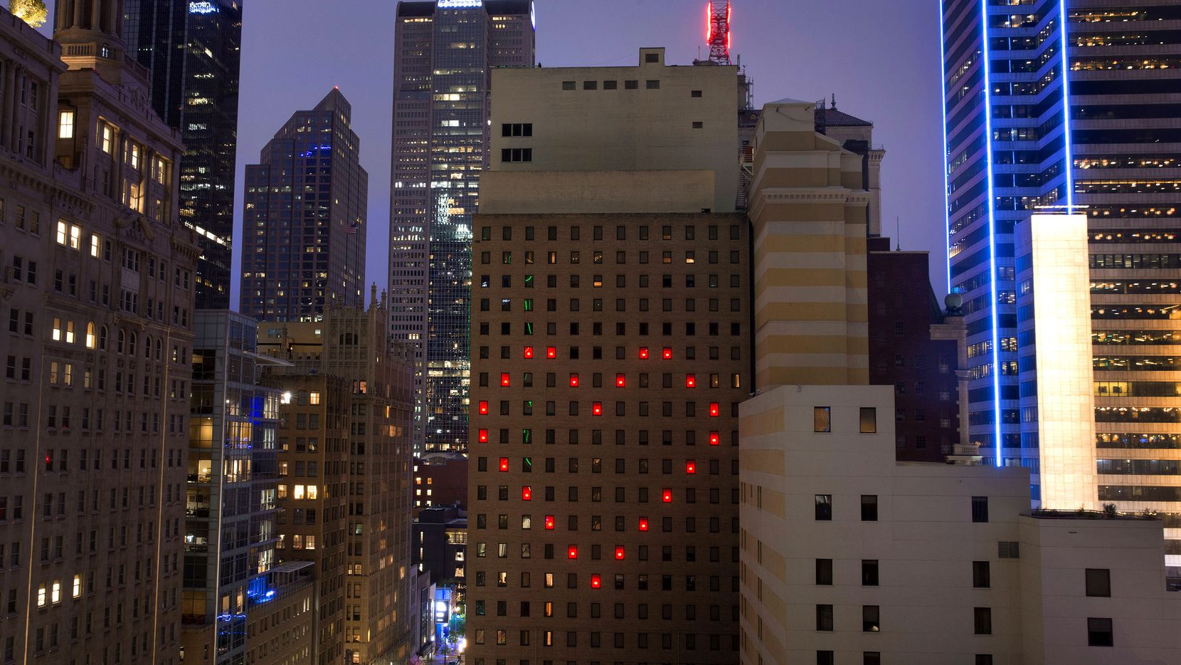 The Adolphus Hotel in downtown Dallas sends a message of love to those on the front lines of...