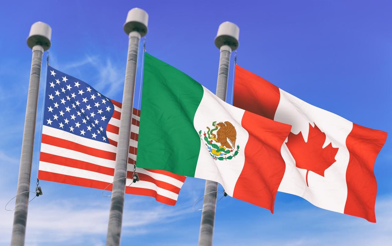 Las banderas de Estados Unidos, México y Canadá, países miembros de Norteamerica(GETTY PHOTOS)
