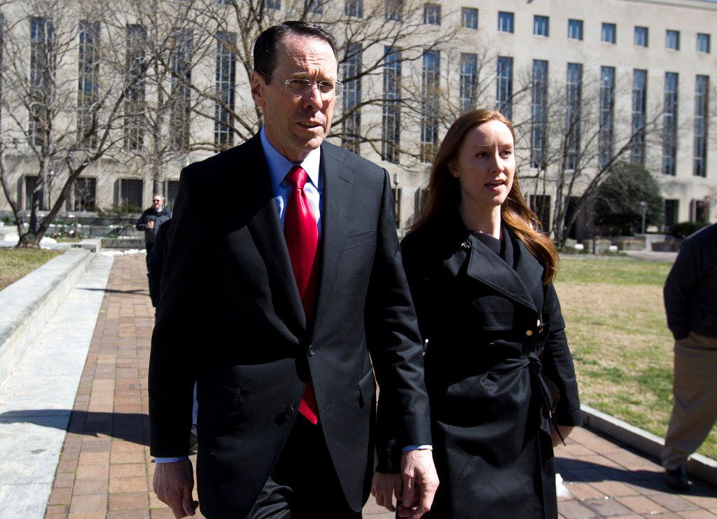AT&T CEO Randall Stephenson leaves the federal courthouse Thursday, March 22, 2018, in...