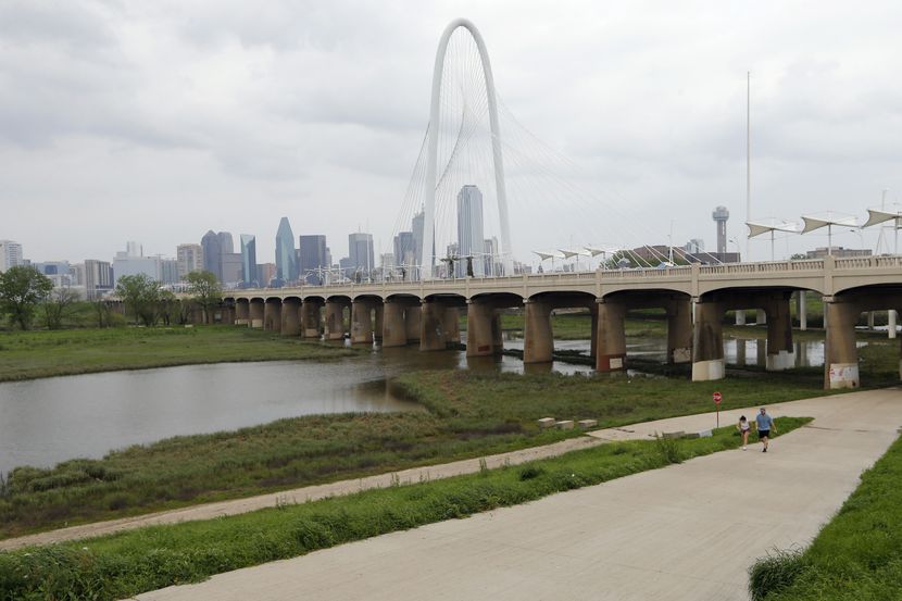 Trail along the Trinity River overlooking downtown Dallas on Friday, March 27, 2020. Dallas...