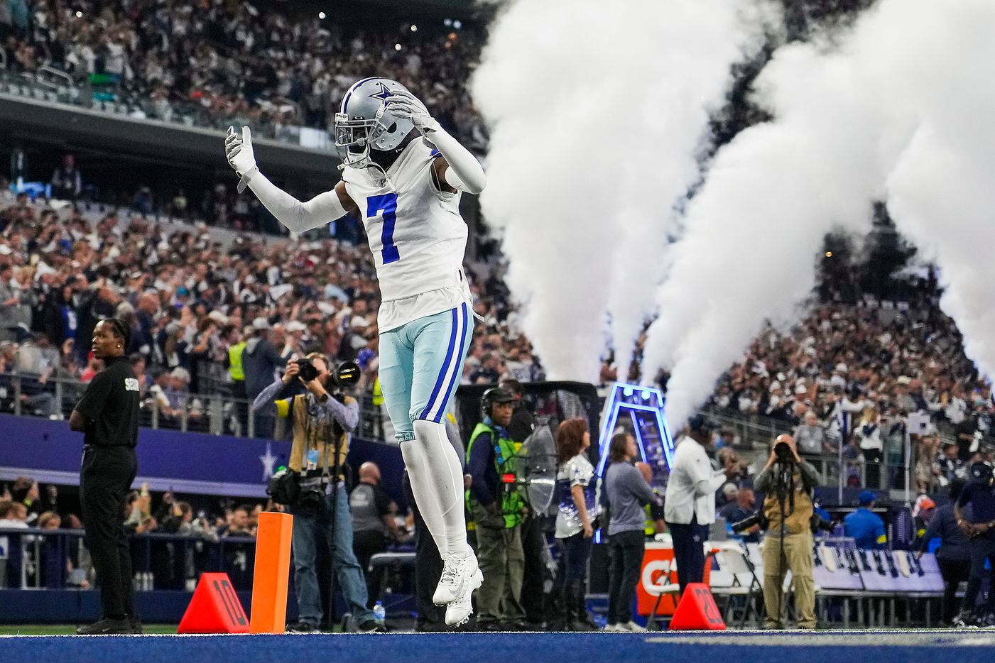 Dallas Cowboys cornerback Trevon Diggs takes the field before an NFL football game against...
