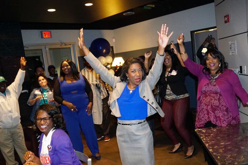 District attorney candidate Elizabeth Frizell celebrates with supporters at Delta Charlie's...