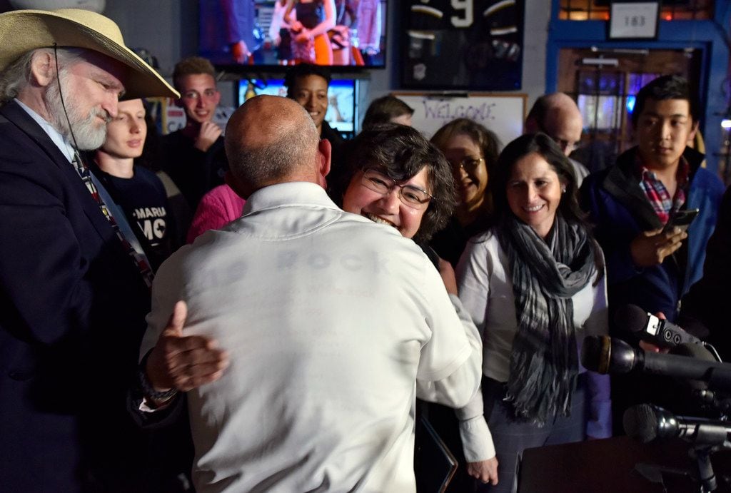 Candidate for Governor Lupe Valdez congratulates candidate for Dallas District Attorney John...