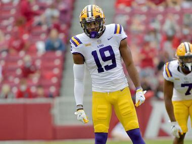 LSU defensive back Jabril Cox (19) against Arkansas during an NCAA college football game Saturday, Nov. 21, 2020, in Fayetteville, Ark.
