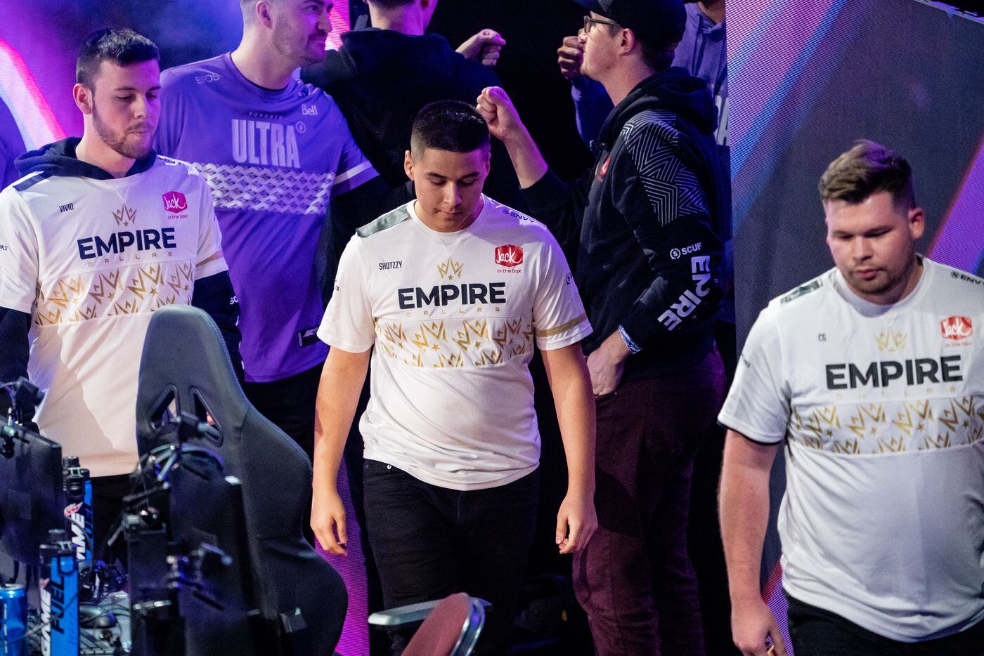 From left, Reece “Vivid” Drost, Anthony “Shotzzy” Cuevas-Castro, and Ian “C6” Porter react to the Dallas Empires elimination from the  Call of Duty league playoffs at the Galen Center on Saturday, August 21, 2021 in Los Angeles, California. The Empire lost to Toronto Ultra 2 - 3, eliminating them from the tournament. (Justin L. Stewart/Special Contributor)