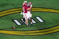 Alabama wide receiver Slade Bolden (18) celebrates with wide receiver Jameson Williams (1)...