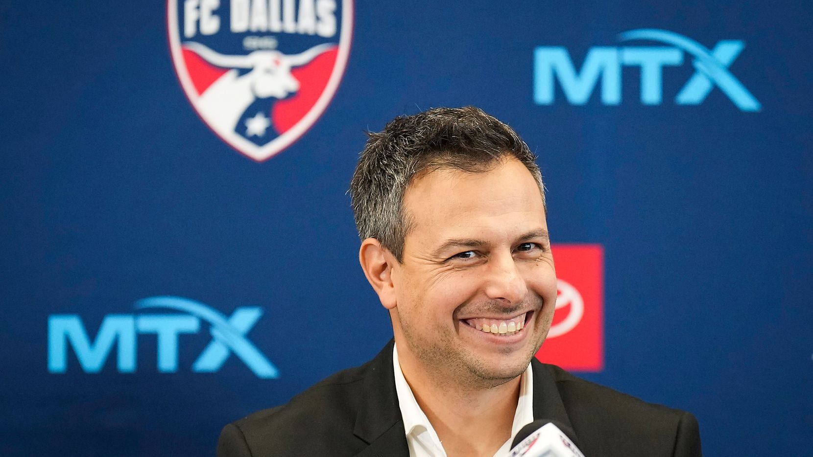 New FC Dallas head coach Nico Estévez smiles during his introductory press conference at the...