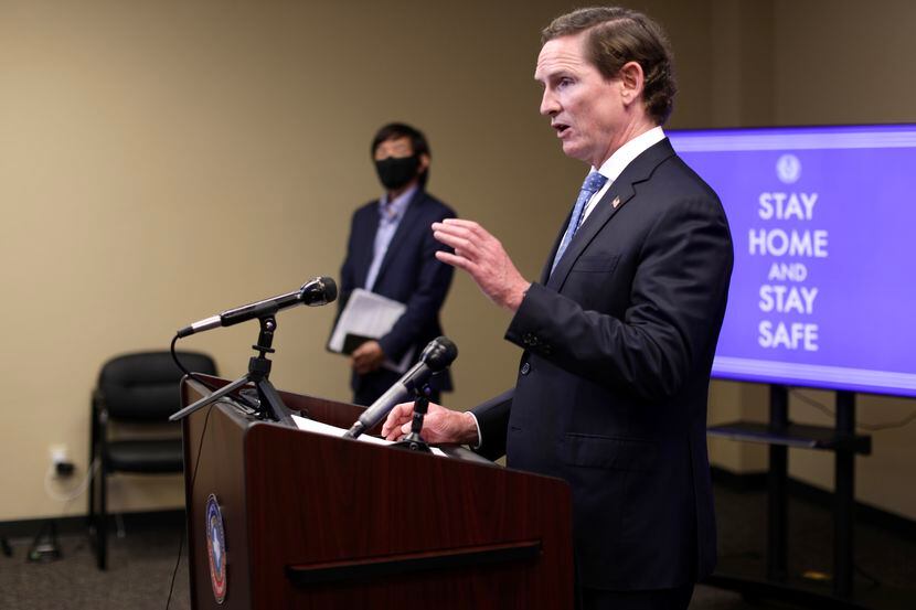 Dallas County Judge Clay Jenkins speaks during a news conference on Aug. 13, 2020.  Jason...