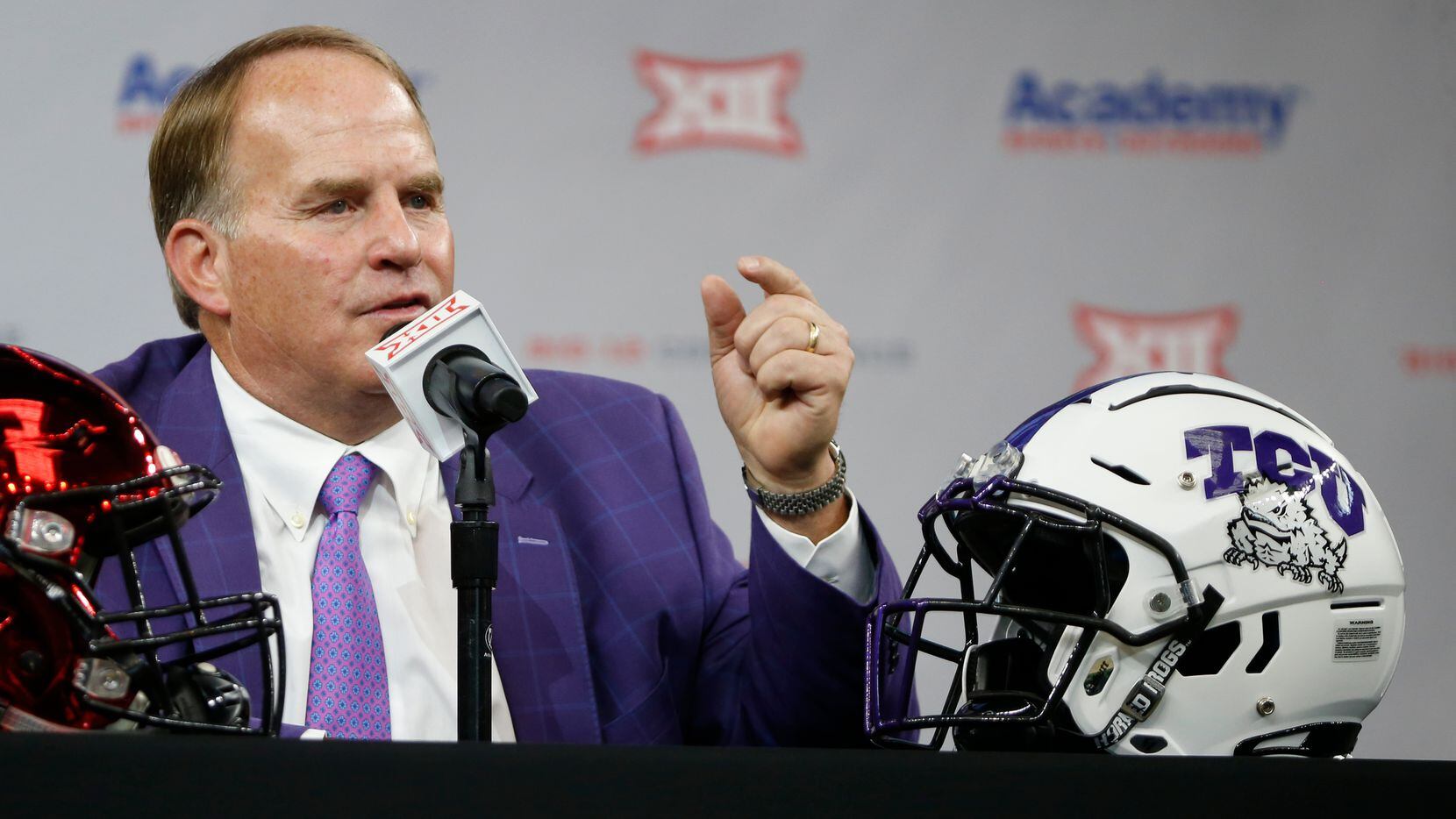 TCU head football coach Gary Patterson speaks during the Big 12 Conference Media Days at...