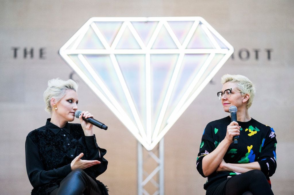 Musician Sarah Jaffe, left, and artist Jen Ray speak at a Q&A after a pop-up performance...