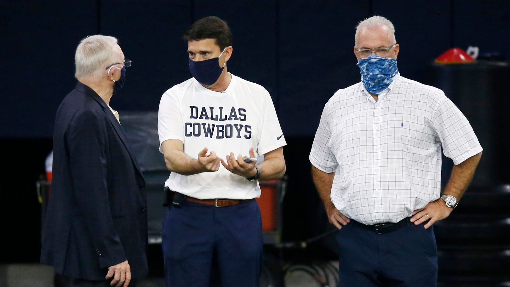 Dallas Cowboys owner and general manager Jerry Jones talks with Dallas Cowboys athletic...