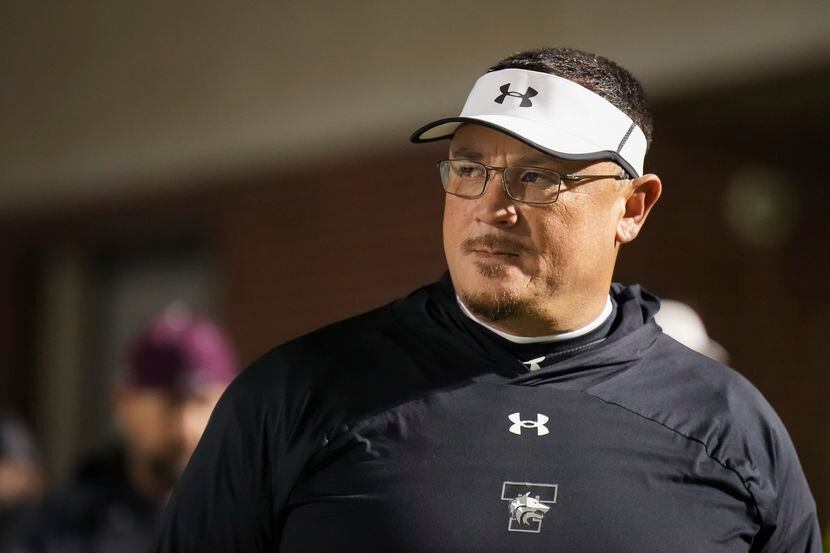 Mansfield Timberview head coach James Brown looks on during the first half of the Class 5A...