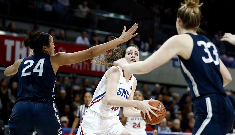 SMU forward Alicia Froling (10) looks for room against Connecticut forward Napheesa Collier...