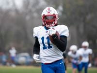 SMU senior Rashee Rice (11) catches a pass during football practice at Gerald J. Ford...