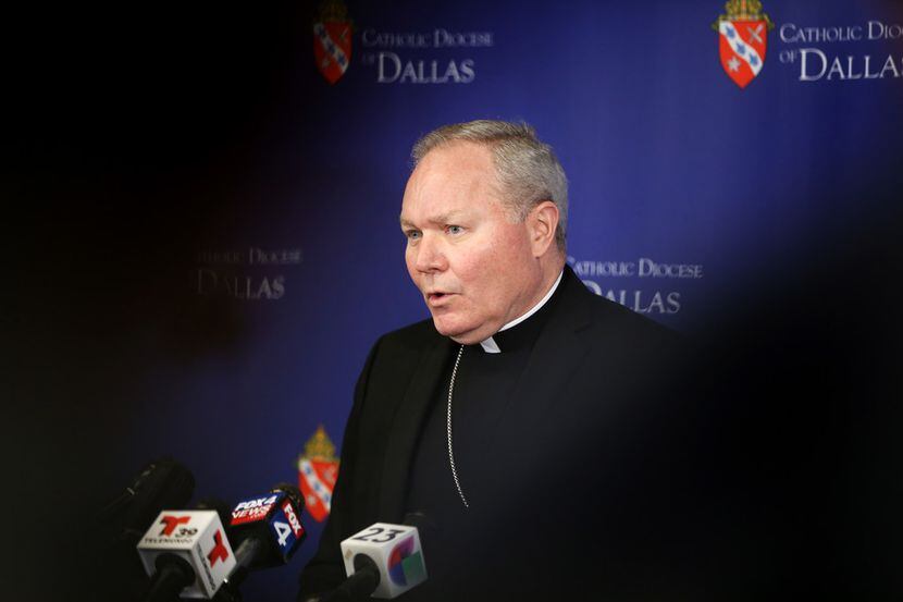 Dallas Bishop Edward Burns speaks during a press conference at the Catholic Diocese of...