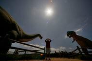 People view a total solar eclipse at Dinosaur Valley State Park, Monday, April 8, 2024, in...