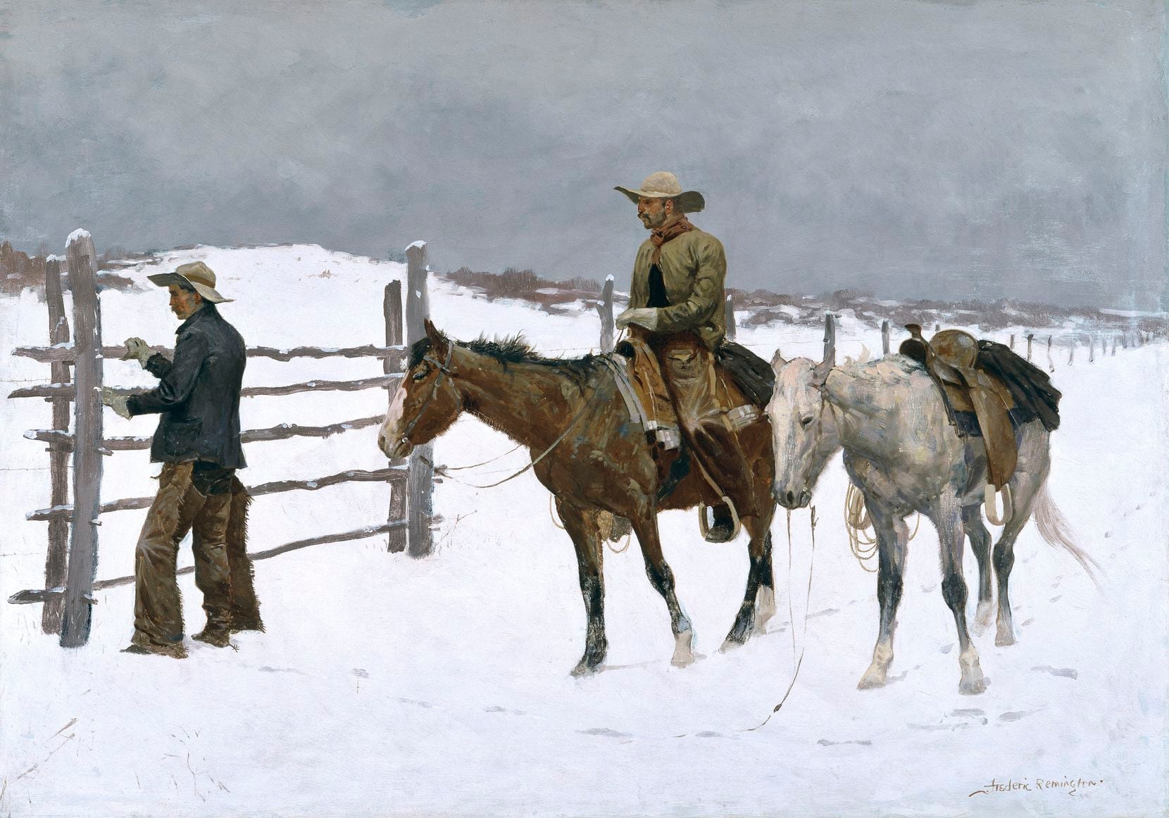 "The Fall of the Cowboy," an 1895 oil-on-canvas painting by Frederic Remington, is among the artist's many works depicting men in action on the Western plains. 

