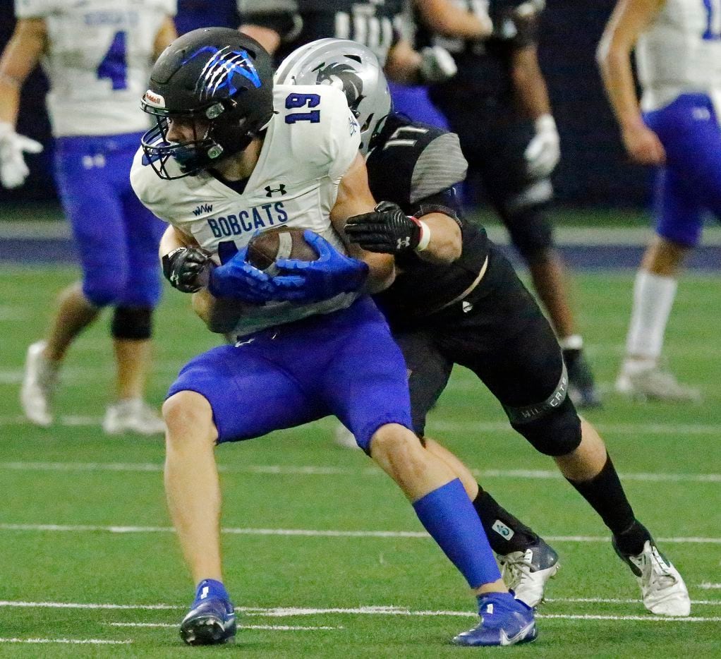 Byron Nelson High School wide receiver Draden Gorman (19) is tackled after the catch by Guyer High School linebacker Brooks Etheridge (17) during the second half as Denton Guyer High School played Trophy Club Byron Nelson High School in a Class 6A Division II Region I semifinal football game at The Ford Center in Frisco on Saturday, November 27, 2021. (Stewart F. House/Special Contributor)