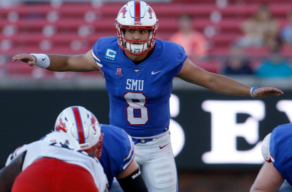 SMU quarterback Ben Hicks (8) goes through his snap count during an offensive drive in the...