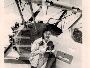 Elaine Harmon pictured in 1944, with a PT-19 plane during WASP training in Sweetwater,...