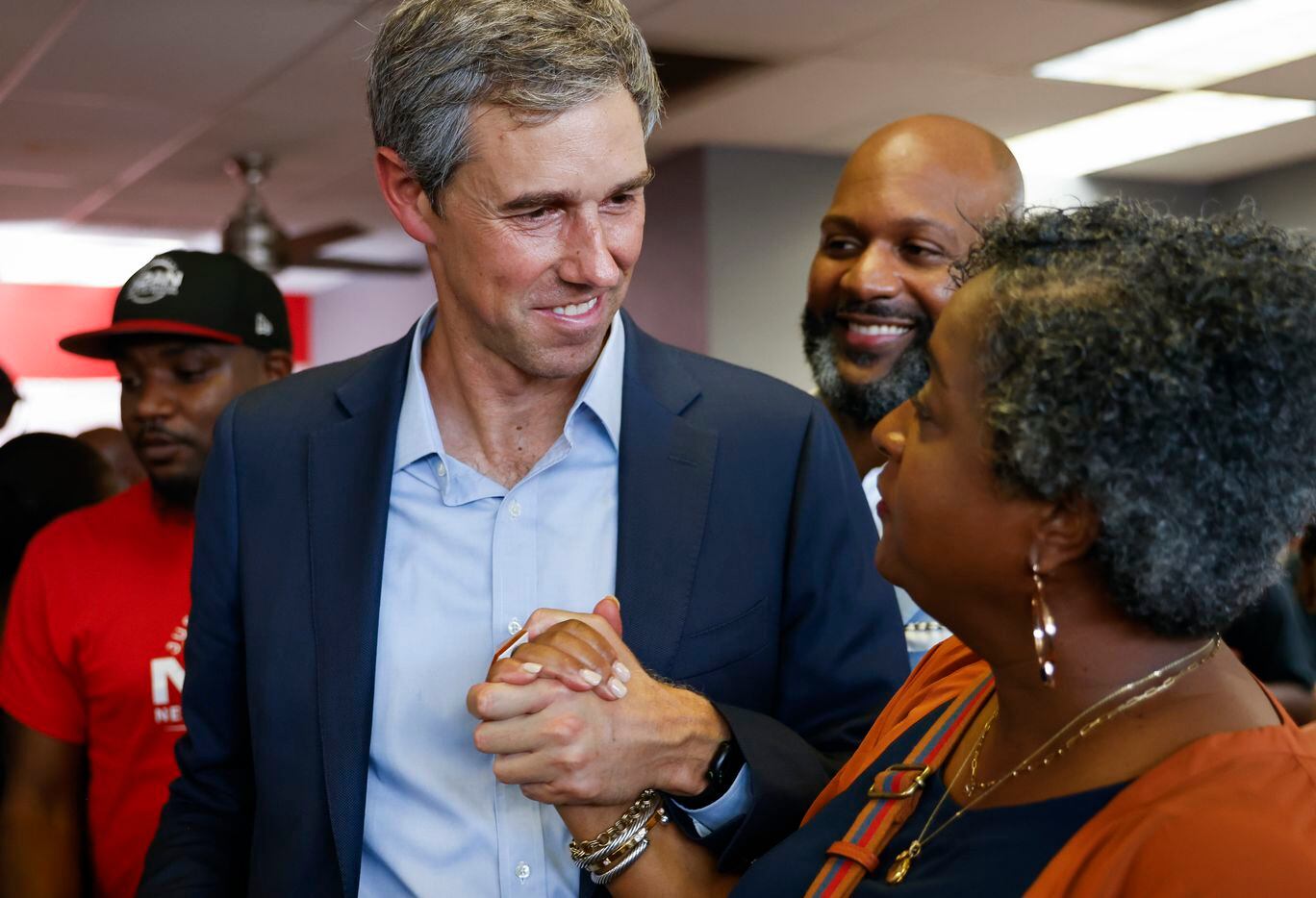 Texas Governor candidate Beto O'Rourke, left, greets Texas State Rep. Rhetta Bowers after he...