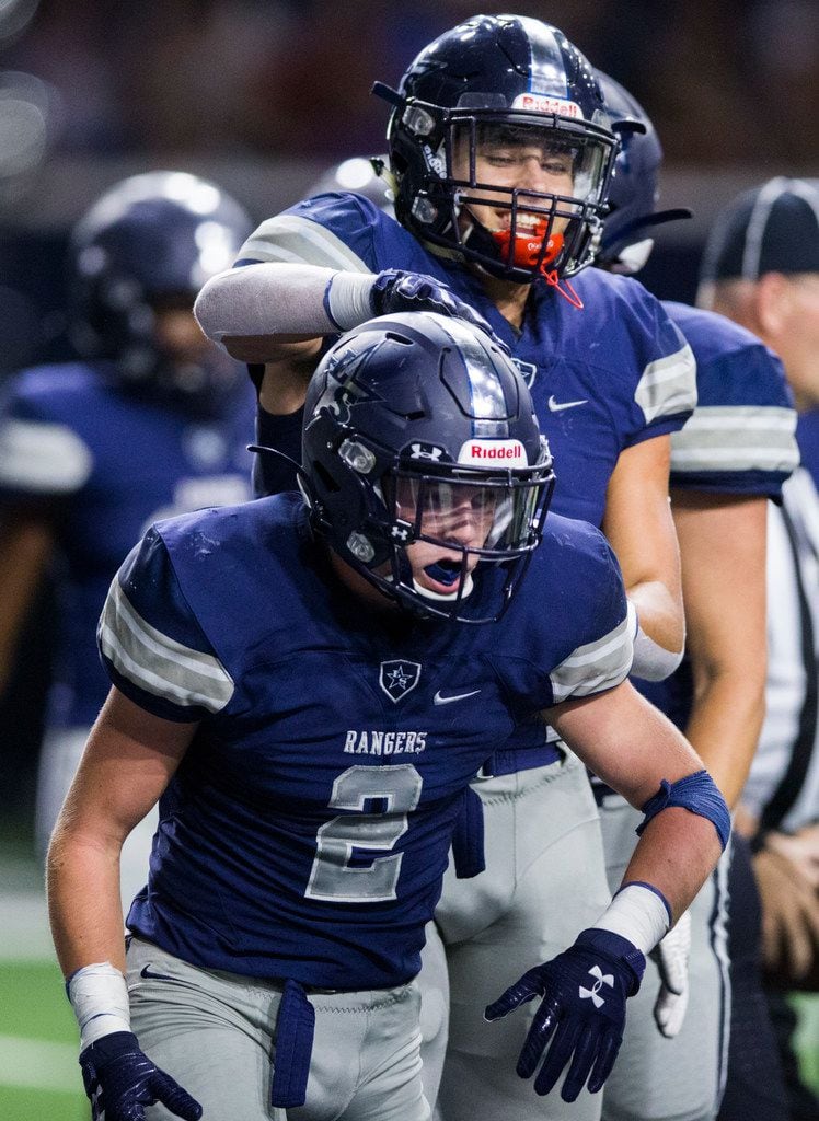 Frisco Lone Star wide receiver Jake Bogdon (2) celebrates a touchdown during the second...