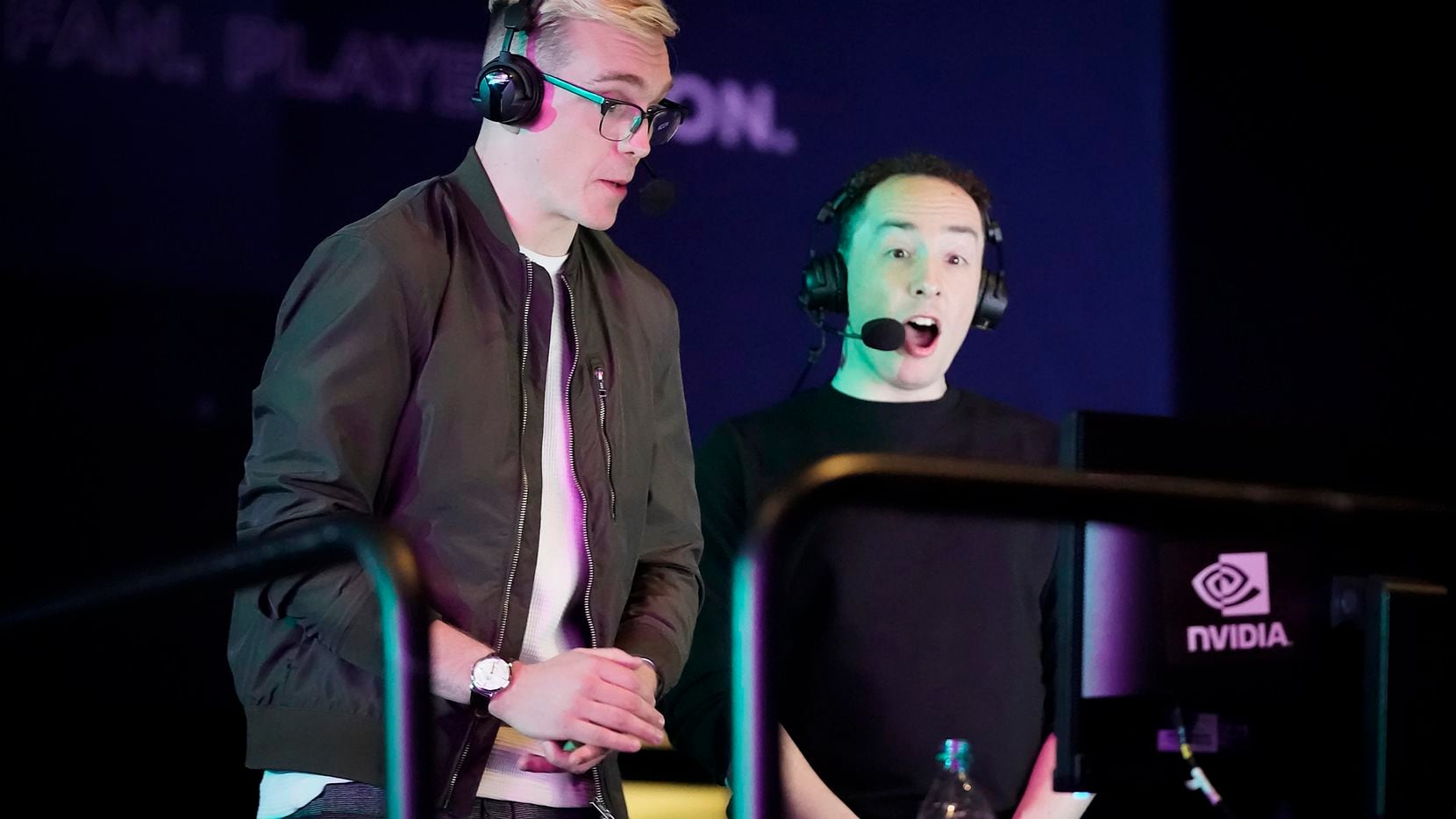 Announcers Brennon Hook (left) and Josh Wilkinson call a Overwatch League match between the...