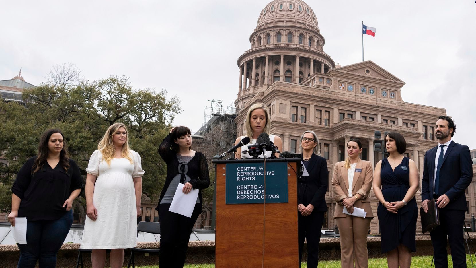 Amanda Zurawski, one of five plaintiffs in Zurawski v. State of Texas, speaks in front of...