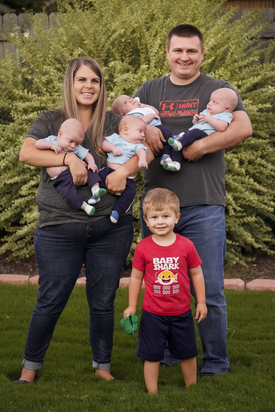 Katie and Chris Sturm with their quadruplets (from left), Daniel, Austin, Hudson and Jacob, who were born in July, and 3-year-old son Ryan photographed on Tuesday, Sept. 29, 2020, in Haslet, Texas. (Smiley N. Pool/The Dallas Morning News)