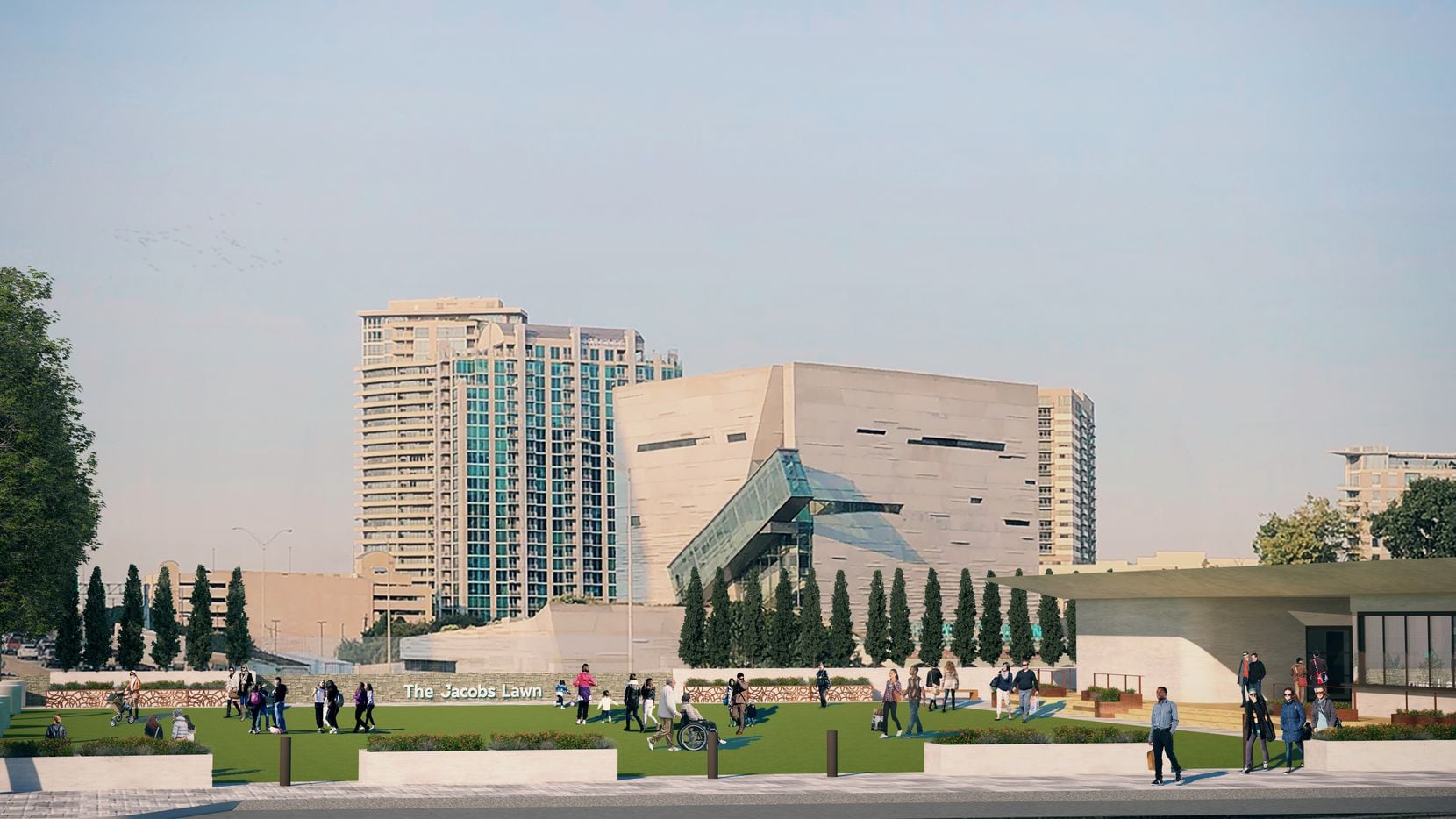 The Jacobs Lawn as viewed conceptually from Akard Street looking west toward the Perot...