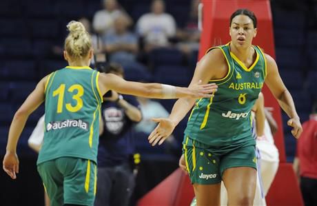 Australia's Elizabeth Cambage shares a playful moment with teammate Erin Phillips before a...