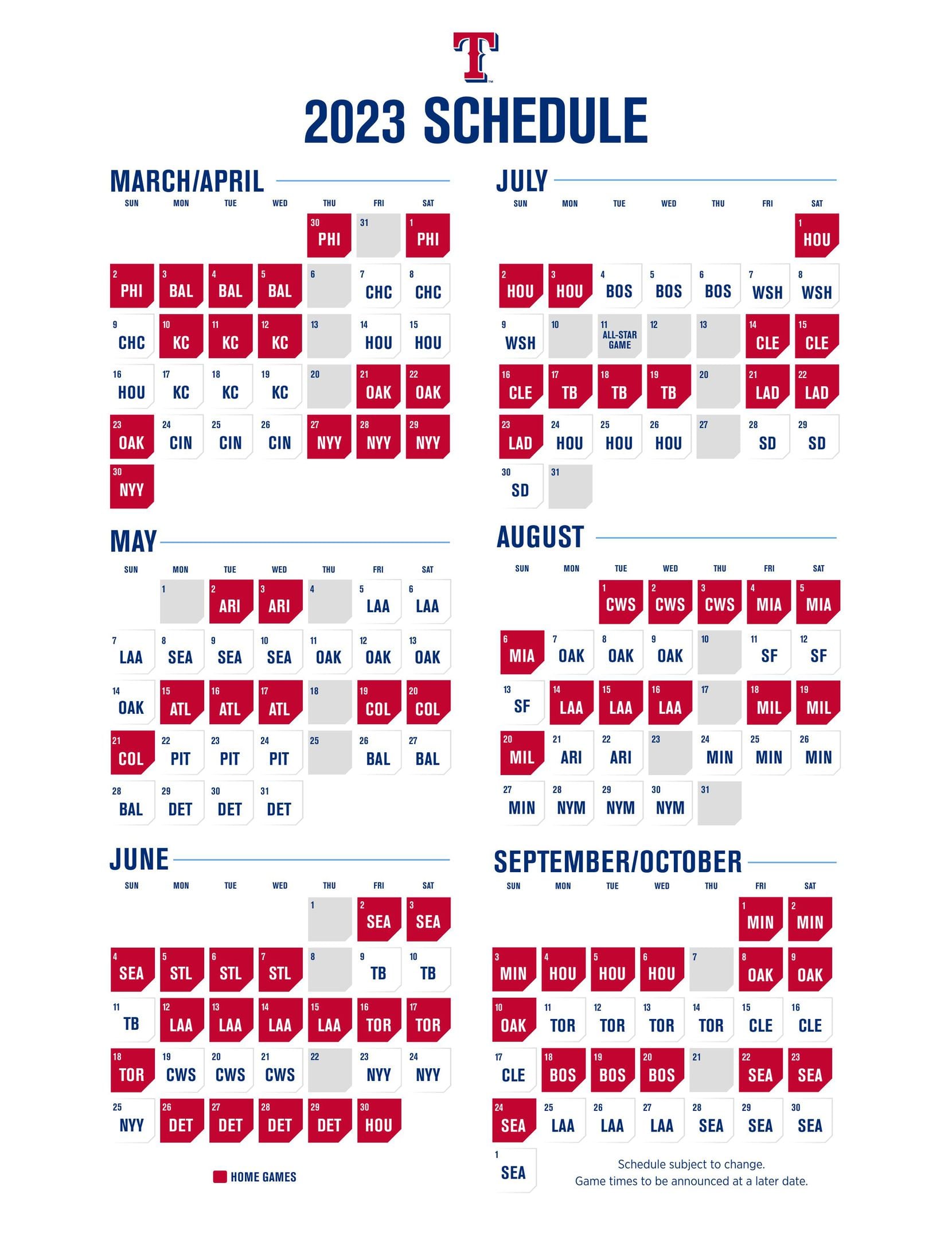 2023 Texas Rangers regularseason schedule released Opening day vs