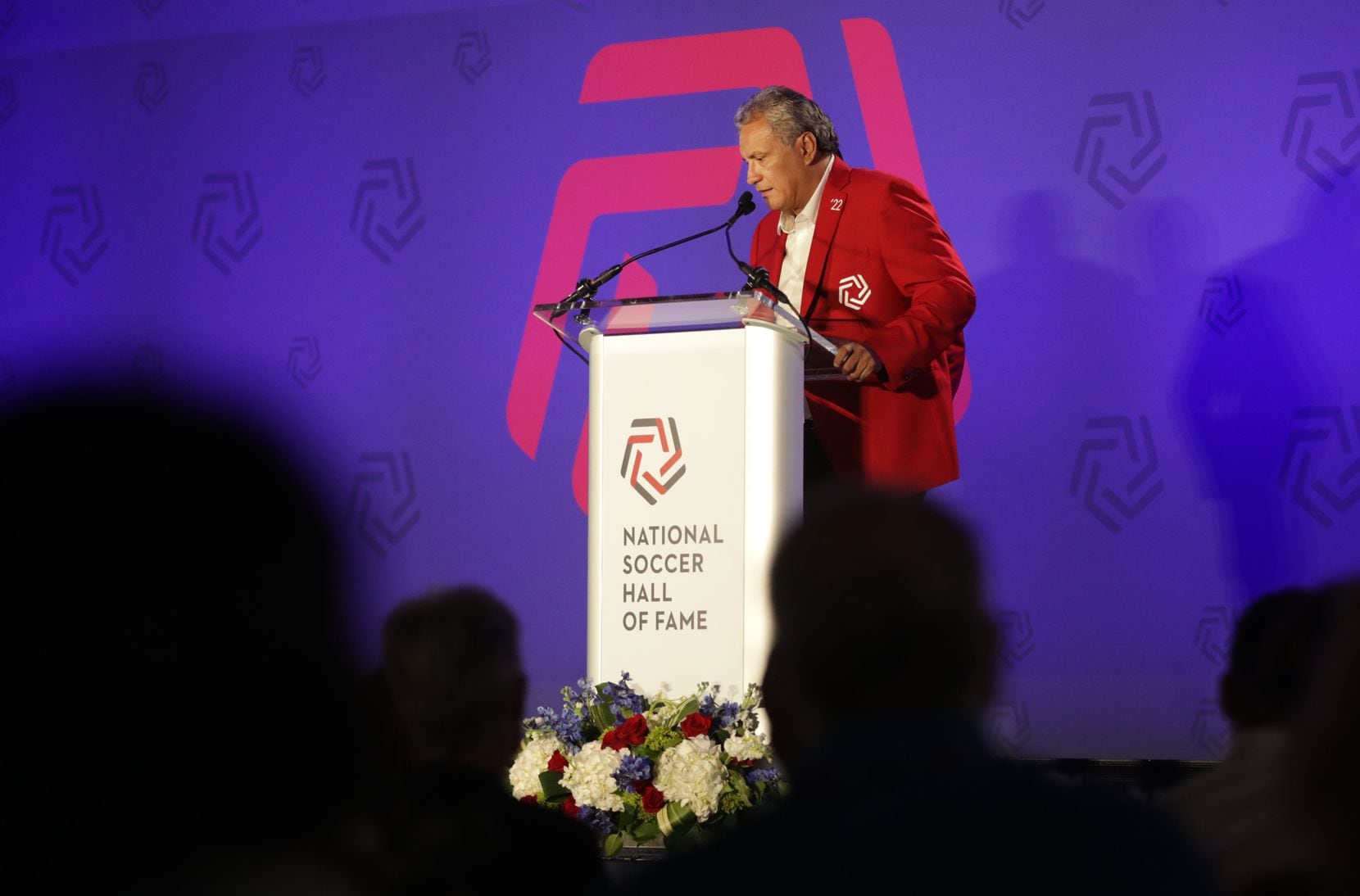Marco Etcheverry delivers a speech during the National Soccer Hall of Fame ceremony at...
