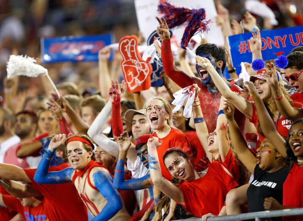 Southern Methodist Mustangs go crazy during a timeout in the TCU football game at Gerald J....