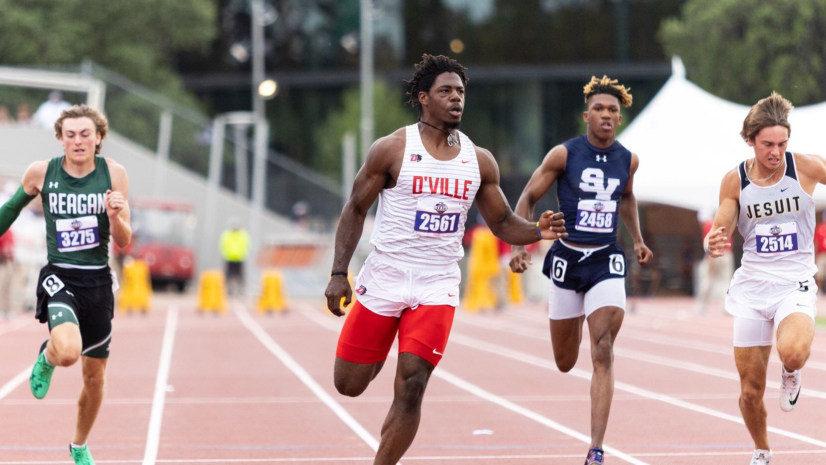 Pierre Goree of Duncanville looks to the scoreboard for results at the UIL Track & Field...