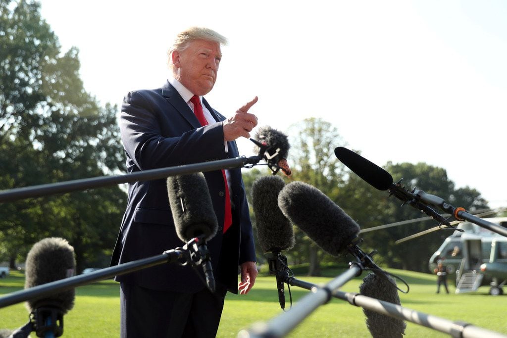 President Donald Trump talked to the press before leaving the White House on Wednesday to...