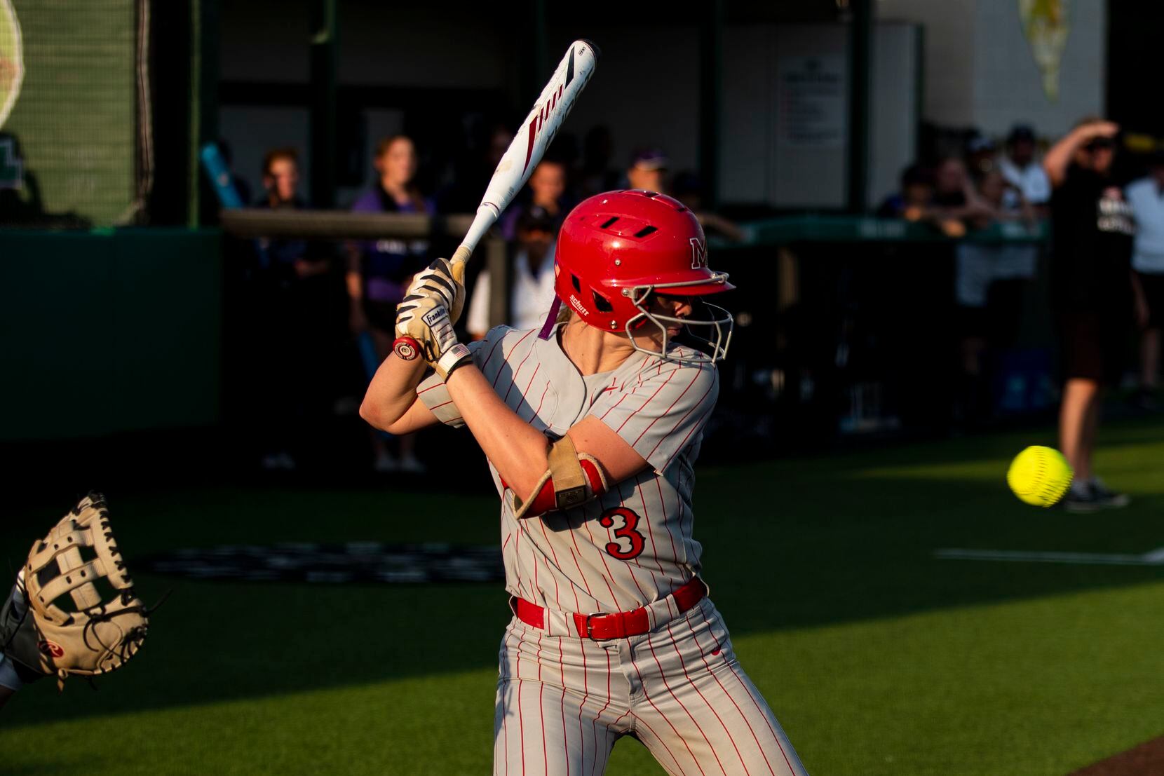 Flower Mound Marcus senior Haidyn Sokoloski (3) watches a pitch during Game One of the Class...