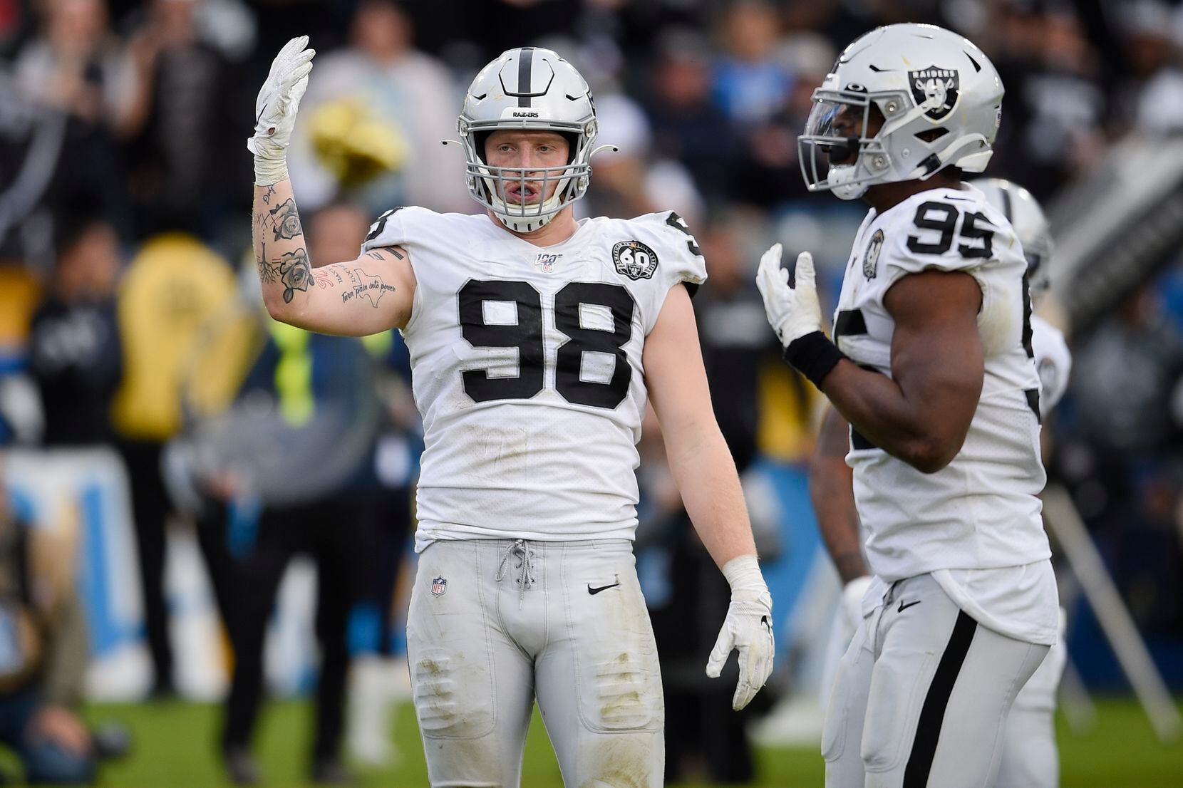 FILE - Raiders defensive end Maxx Crosby is pictured during the second half of a game against the Chargers in Carson, Calif., on Sunday, Dec. 22, 2019. (AP Photo/Kelvin Kuo)