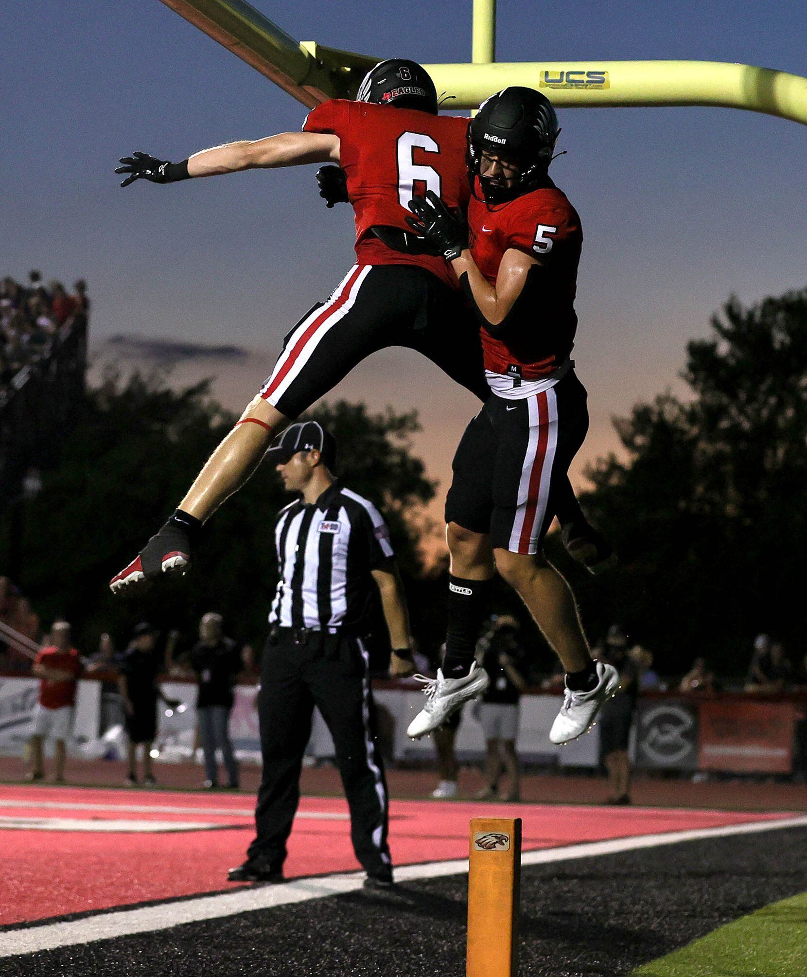 Argyle's wide receiver Will Hodson (5) celebrates with a Lane Stewart (6) after Hodson's...