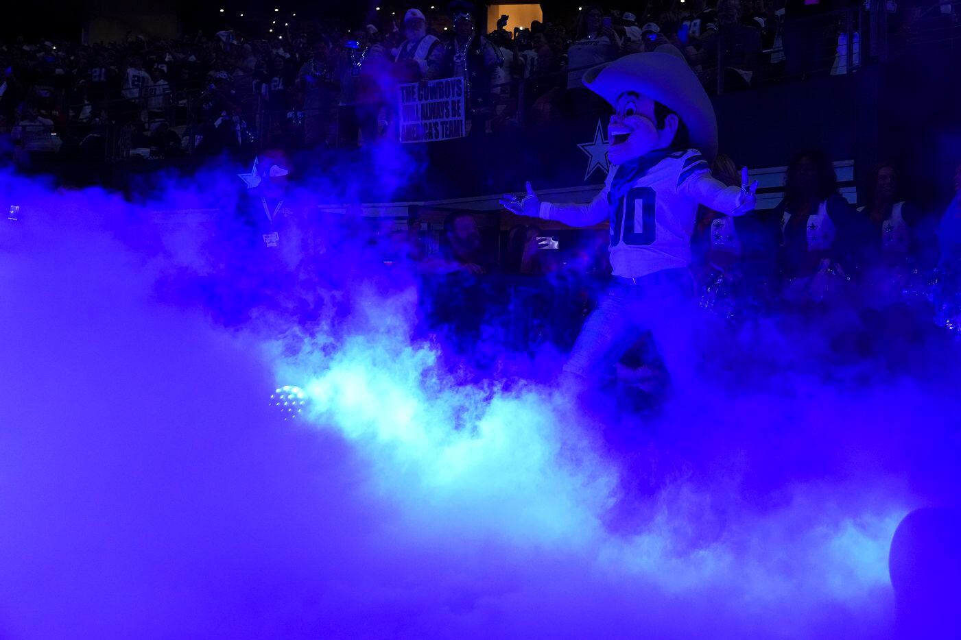 Dallas Cowboys mascot Rowdy takes the field before an NFL football game against the...