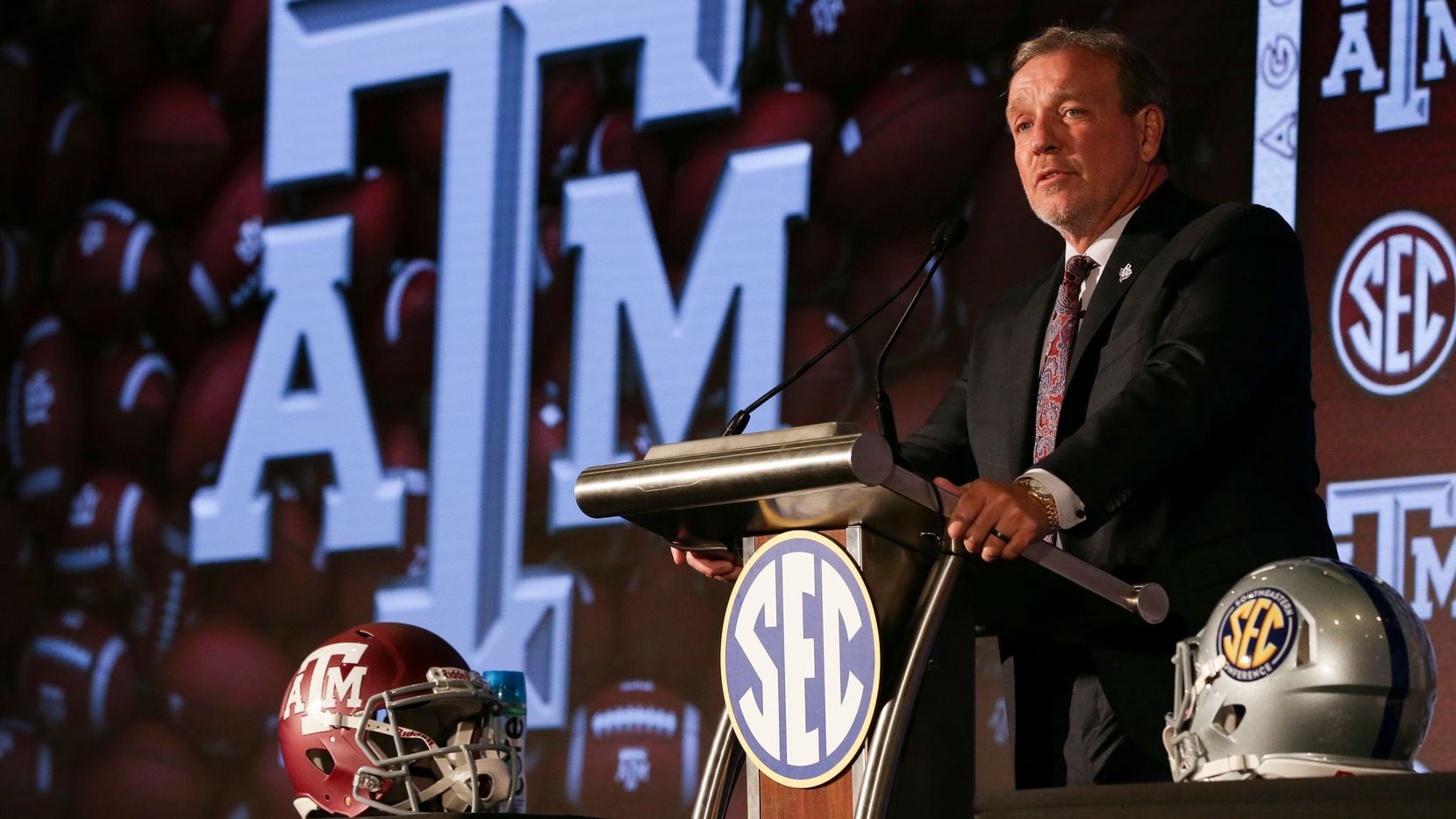 Texas A&M head coach Jimbo Fisher speaks to reporters during an NCAA college football news conference at the Southeastern Conference media days, Wednesday, July 21, 2021, in Hoover, Ala.